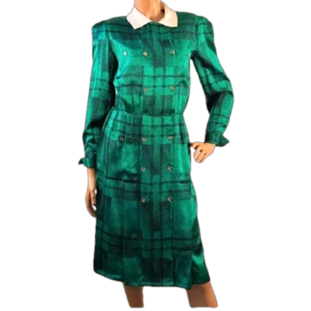 Vintage Horchow Green Plaid 100% Silk Shirt Dress White Collar Size 6 Secretary